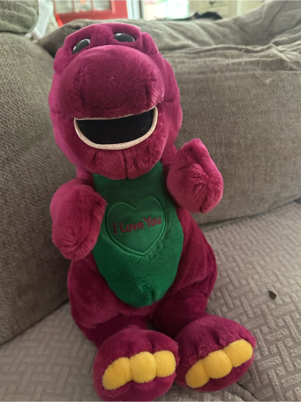 Barney Plush Dinosaur Toy - Magenta with Green Chest sings song